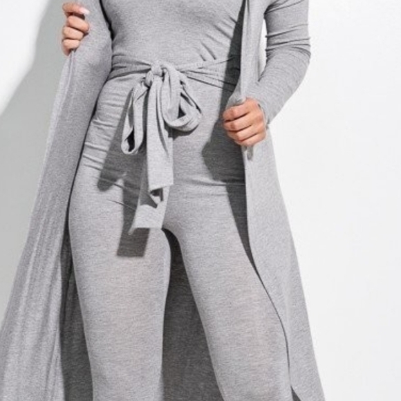 Grey Spaghetti Jumpsuit with Waist Tie and Duster! - Picture 3 of 3